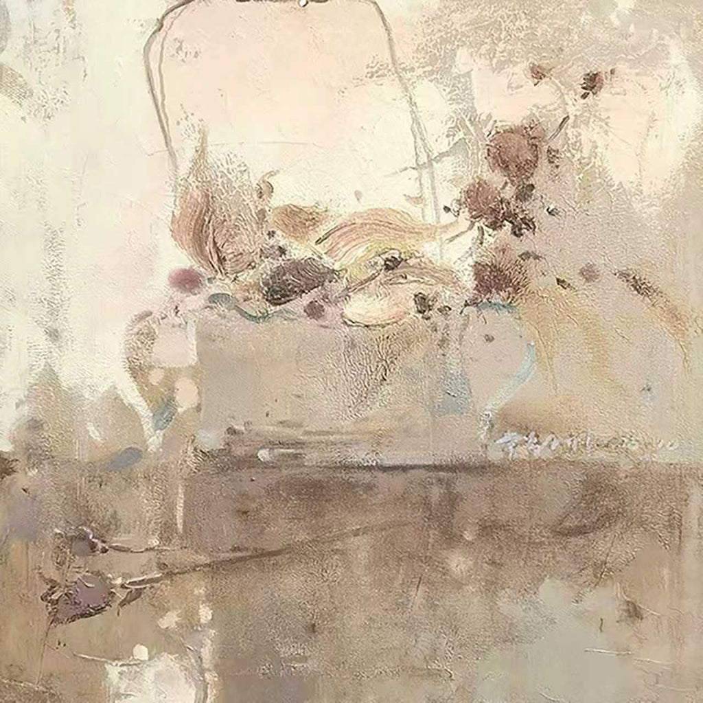 Faded flowers and a basket dissolving into washes of cream and taupe