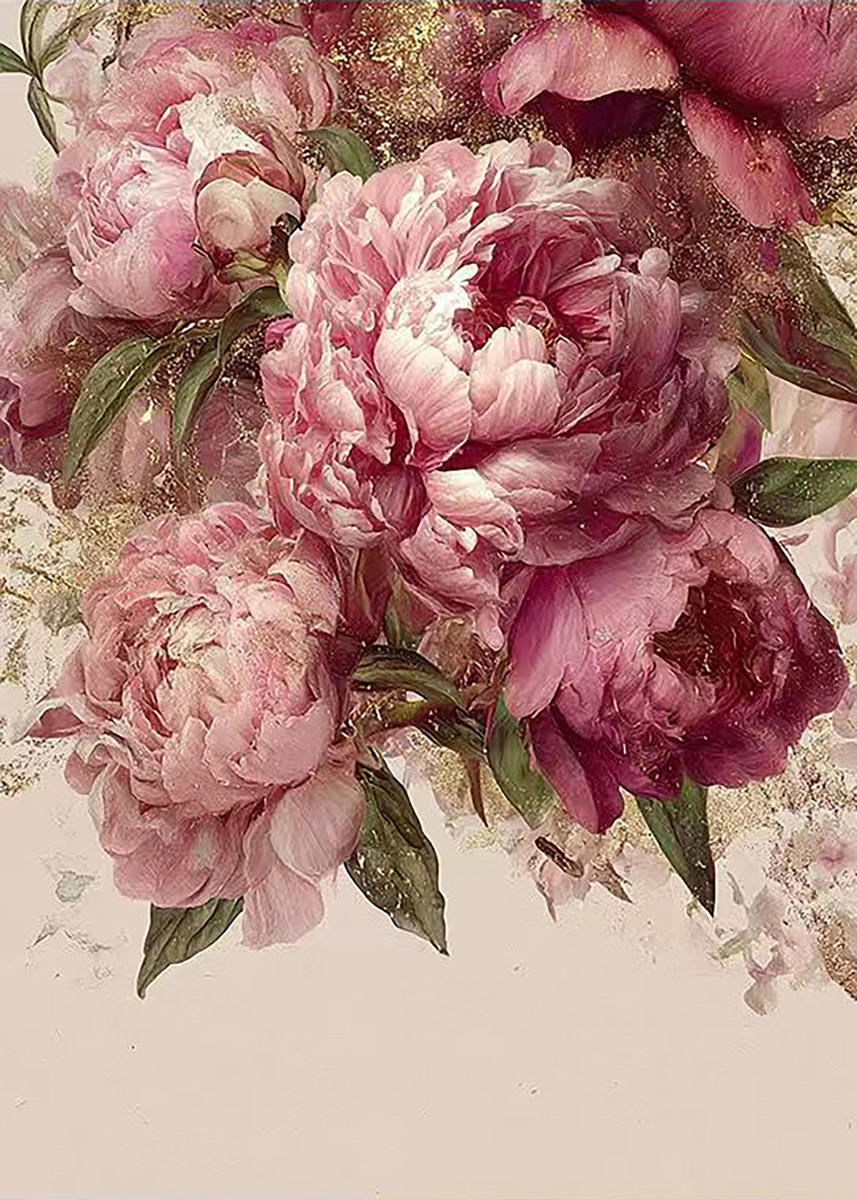 Lush pink and rose peonies spilling down from above with flecks of gold on a pale ground