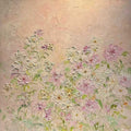 A field of pink and lilac wildflowers in soft palette-knife texture