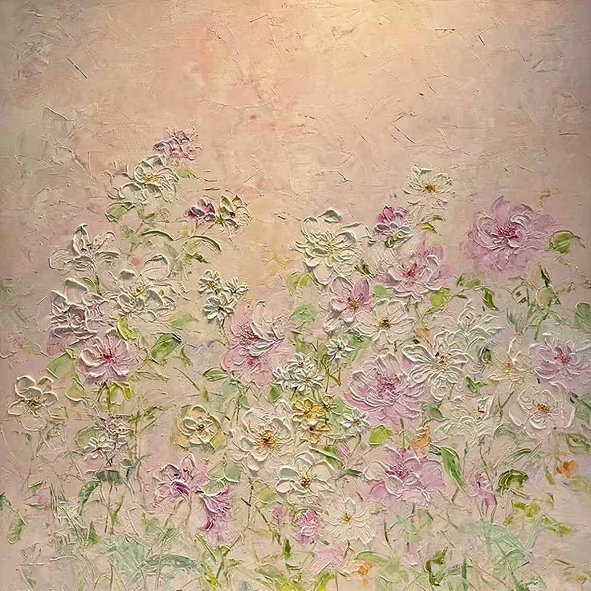 A field of pink and lilac wildflowers in soft palette-knife texture