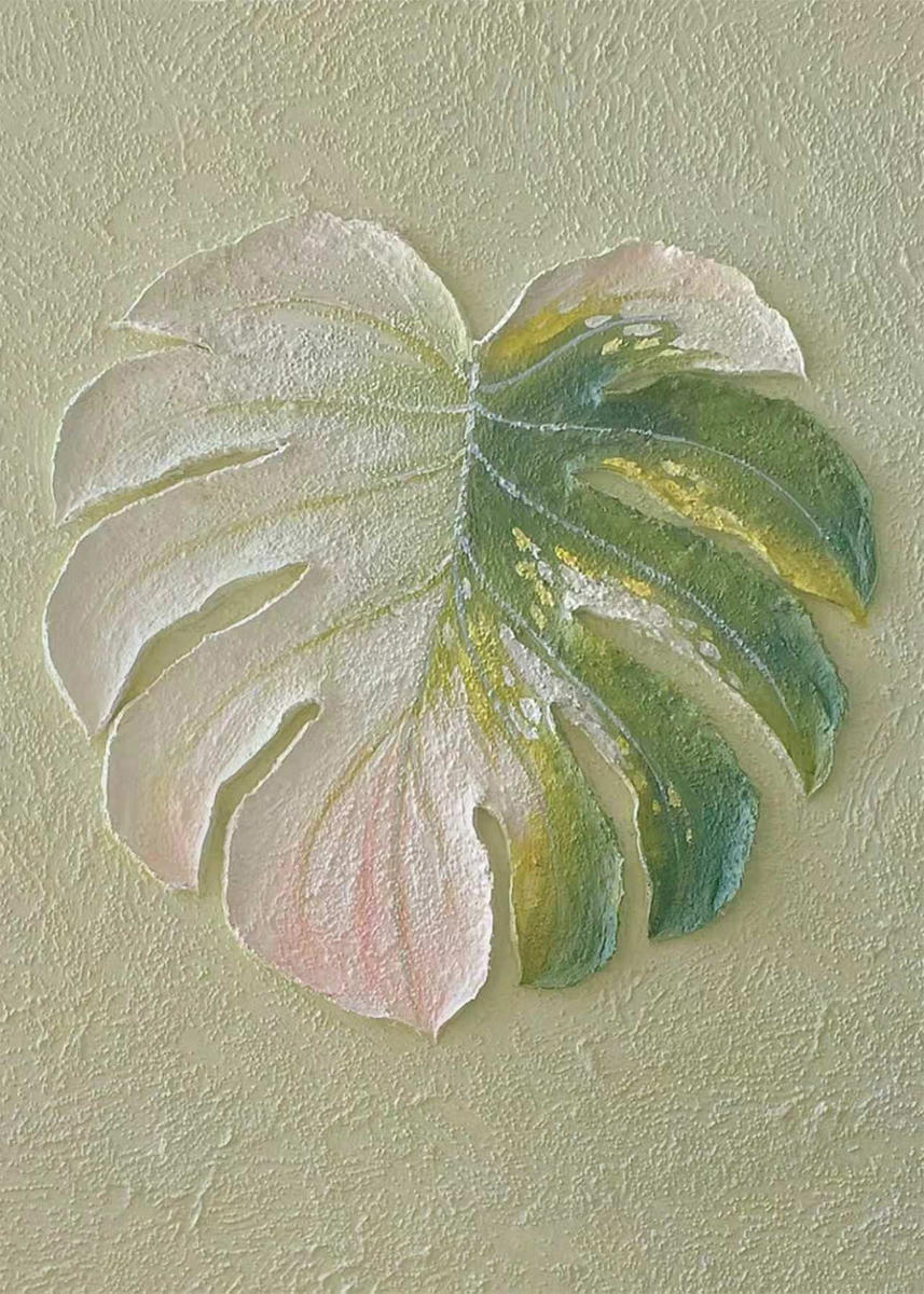 A single sculpted monstera leaf in sage, pink and cream