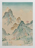 Soft celadon and grey mountains with pink blossoms in a pale, dreamy valley