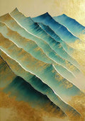 Layered ridges of turquoise and sea-green rising against a burnished gold-leaf sky