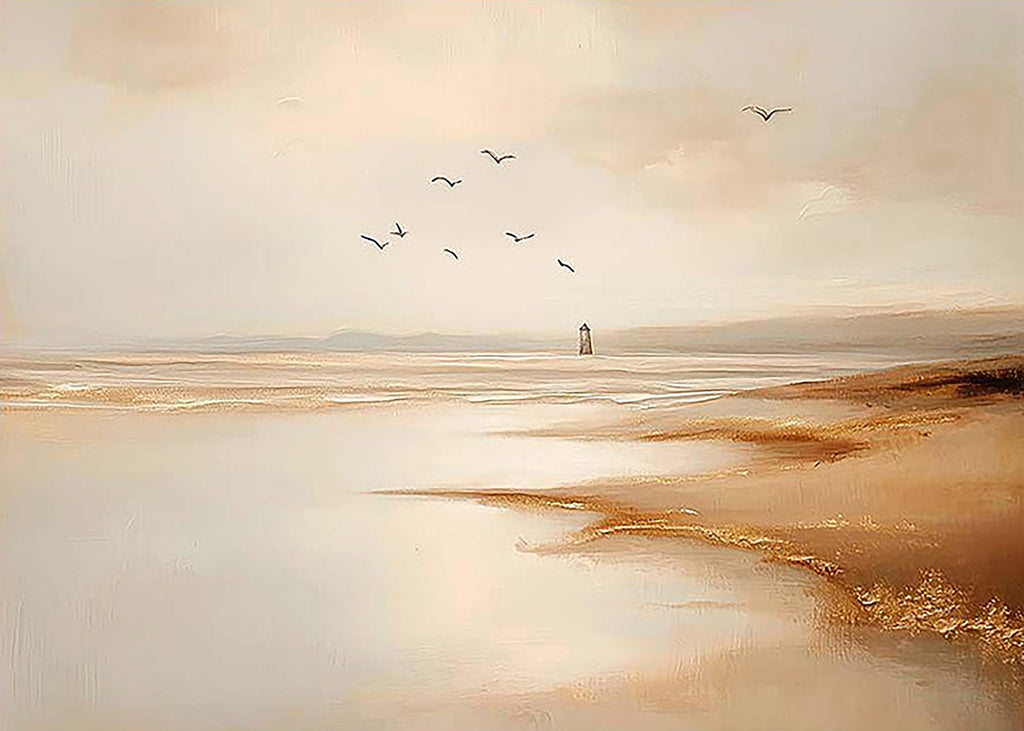 Birds over a hazy amber shoreline with a lone distant figure