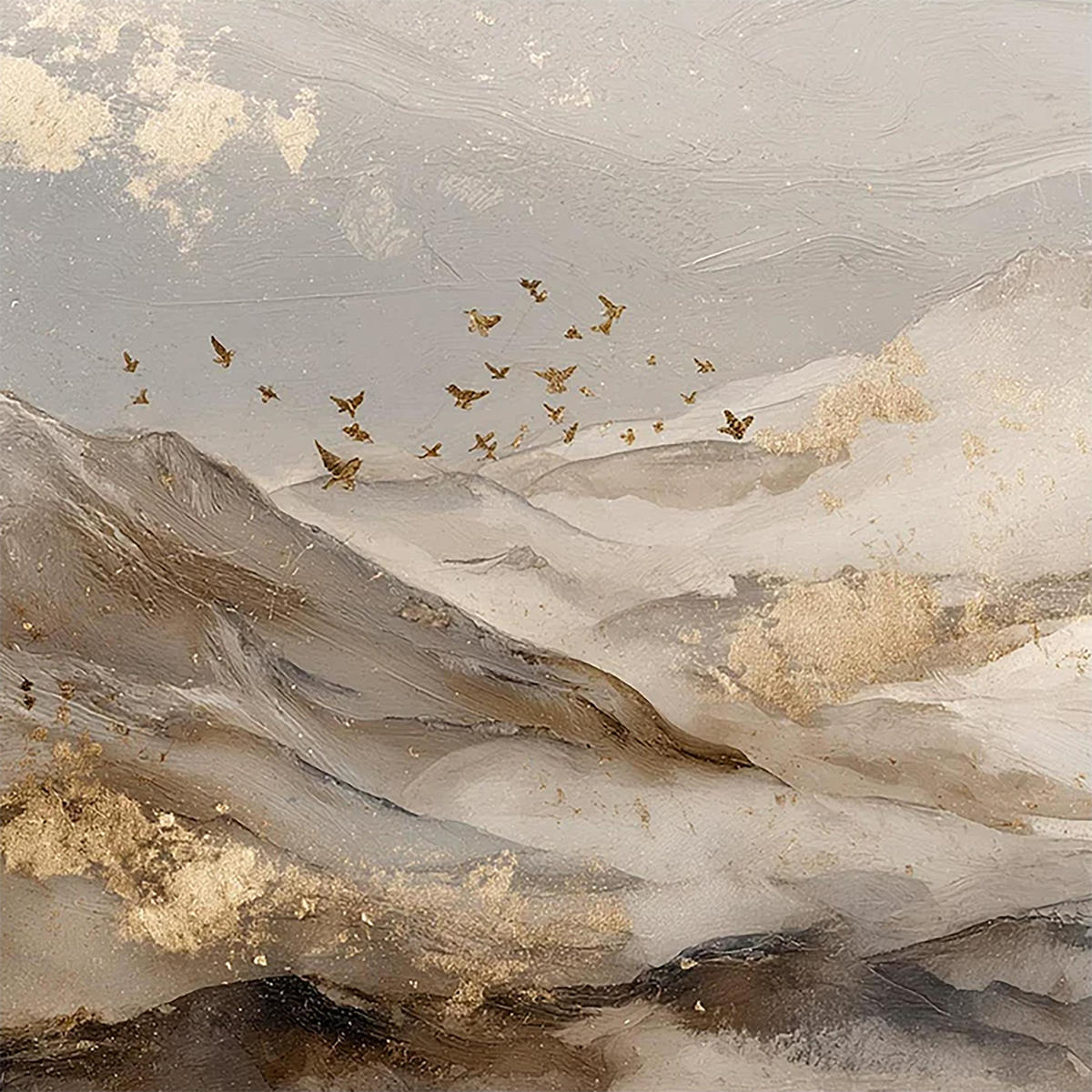 A flock of birds flying over misty ivory mountains touched with gold leaf