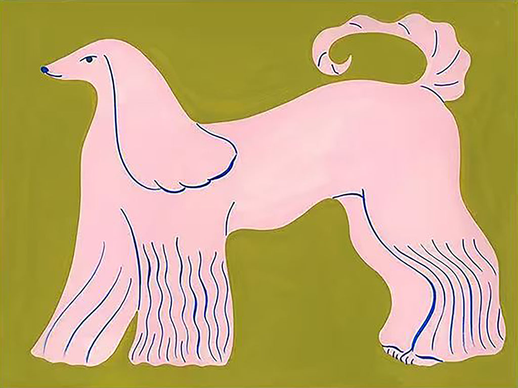 A graceful pink Afghan hound outlined in fine blue lines on an olive-green ground