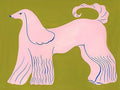 A graceful pink Afghan hound outlined in fine blue lines on an olive-green ground