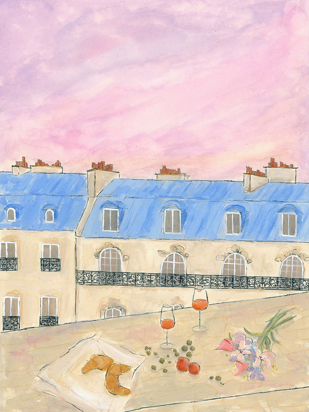 Blue mansard roofs under a pink sky, with croissants and wine on the table