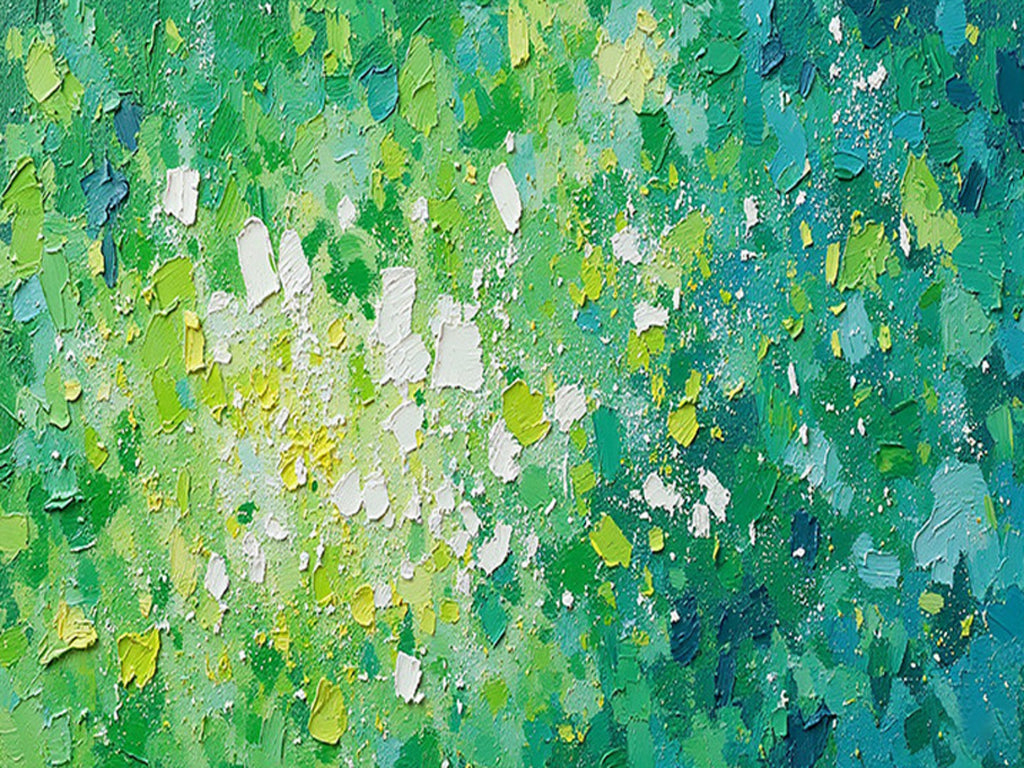 Dabs of emerald, lime, teal and white layered in thick palette-knife texture
