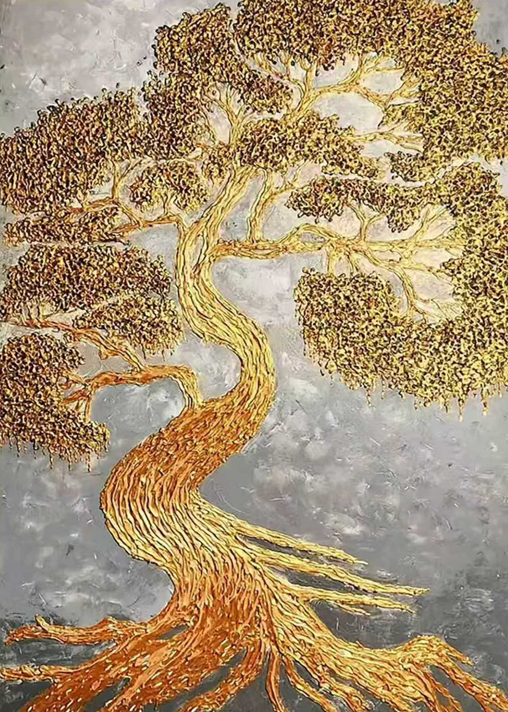 A twisting golden tree with glittering, sculpted foliage on silver grey