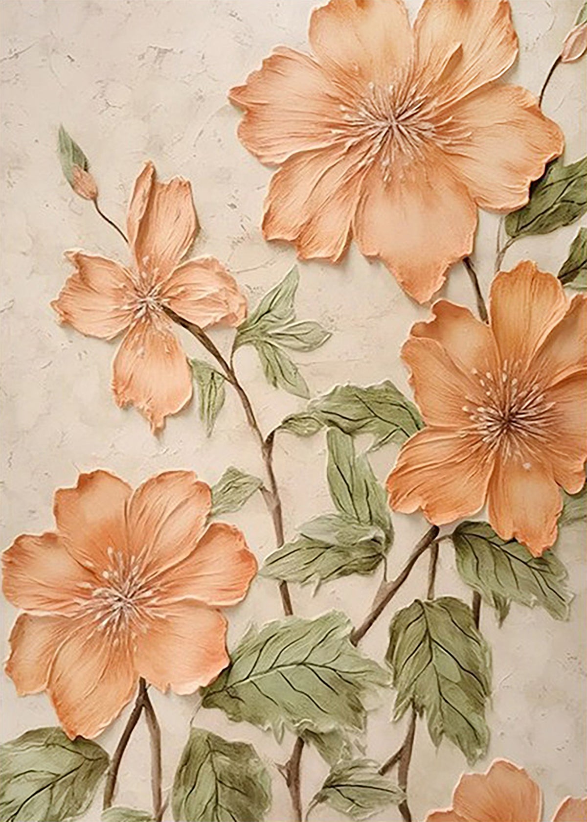 Large peach hibiscus blooms sculpted over a cream ground