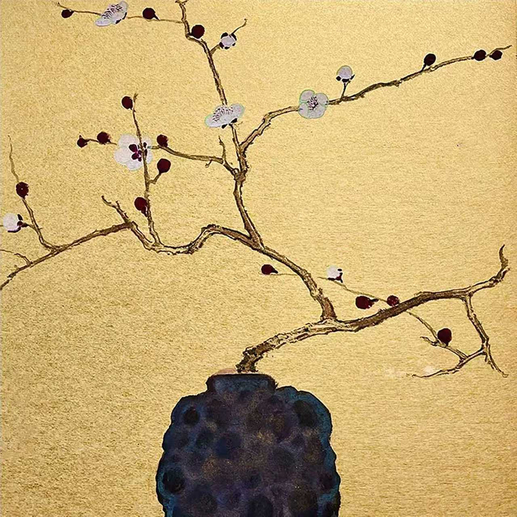 A spare plum-blossom branch above a dark vessel on gold