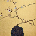 A spare plum-blossom branch above a dark vessel on gold