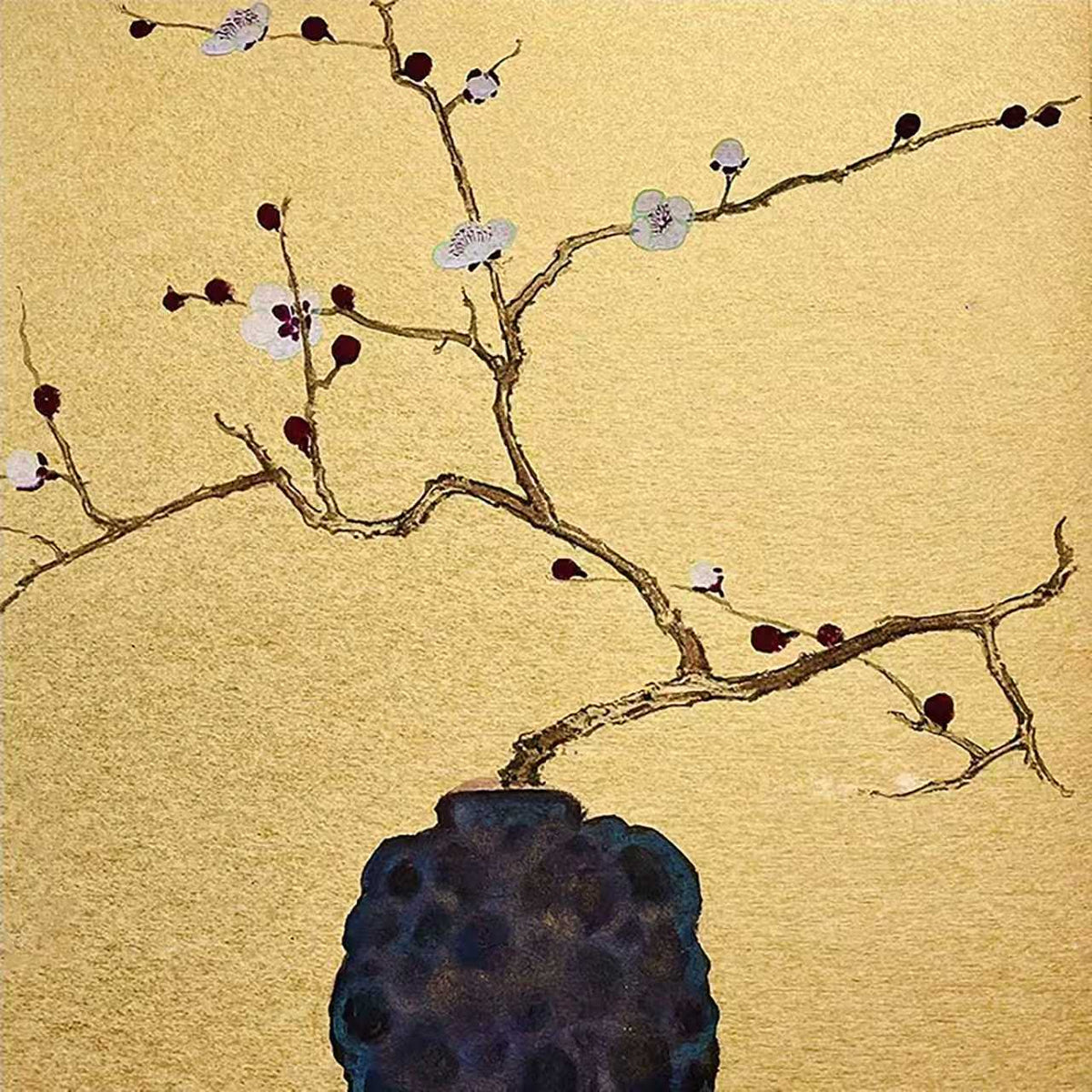 A spare plum-blossom branch above a dark vessel on gold