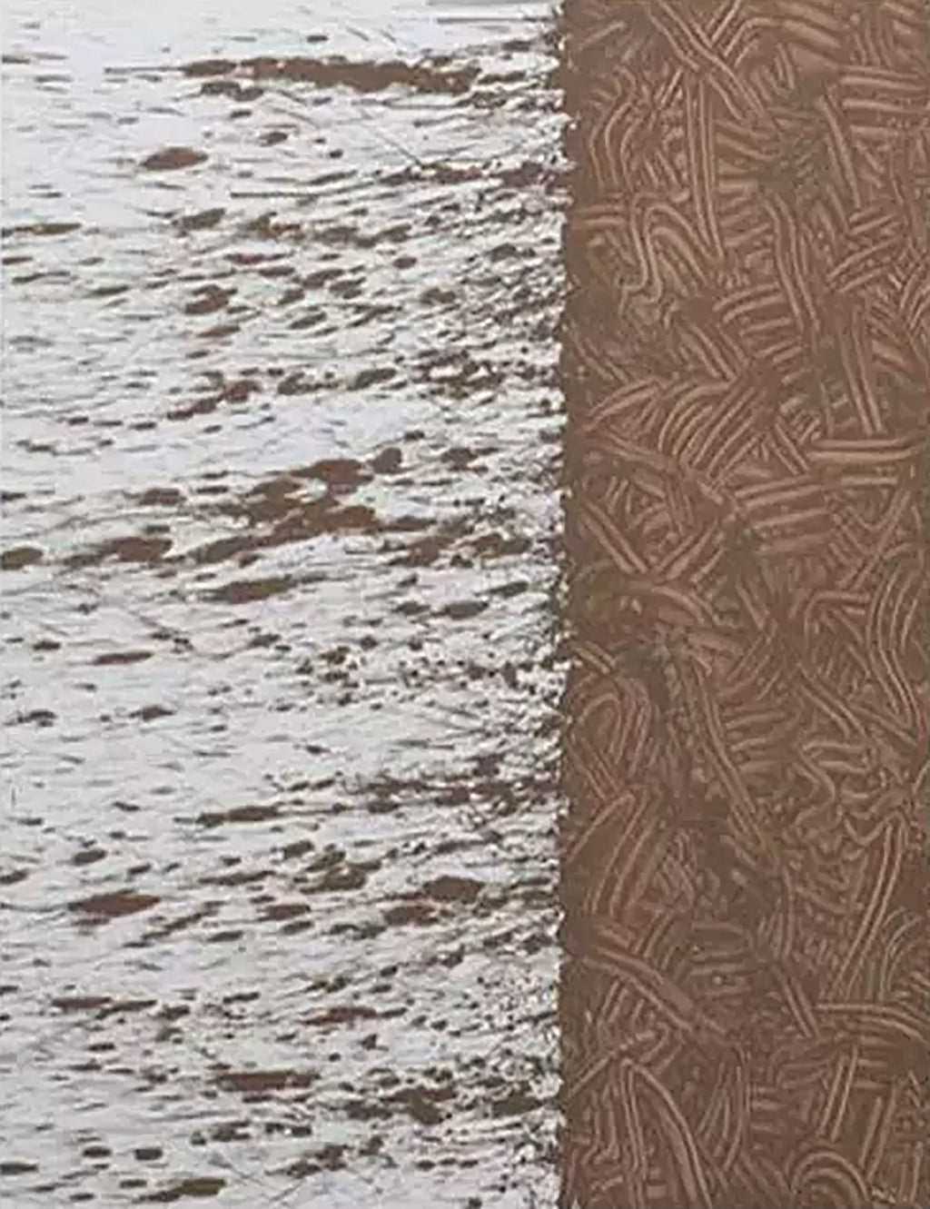Flecked white bark texture beside a panel of woven umber strokes