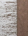 Flecked white bark texture beside a panel of woven umber strokes