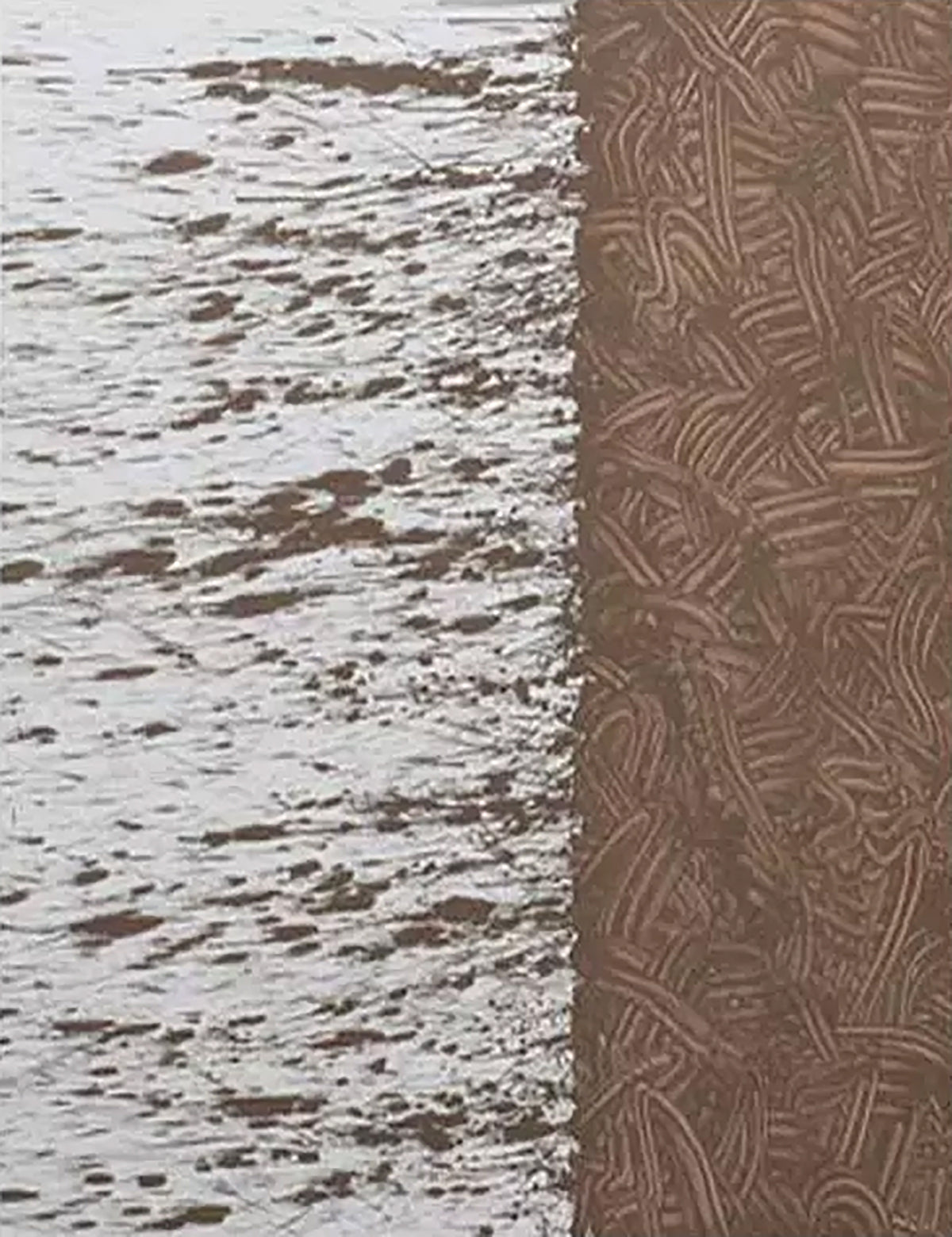Flecked white bark texture beside a panel of woven umber strokes