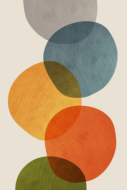 Overlapping translucent circles of grey, slate, ochre, orange and olive on cream