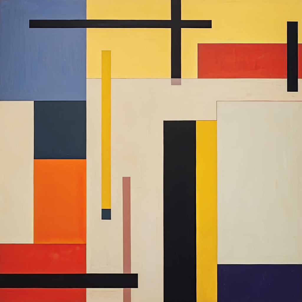 Interlocking blocks and bars of red, yellow, blue and black on cream, in the spirit of mid-century geometric abstraction