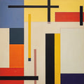 Interlocking blocks and bars of red, yellow, blue and black on cream, in the spirit of mid-century geometric abstraction