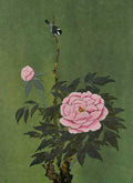 A pink peony and a small bird on a dark green ground