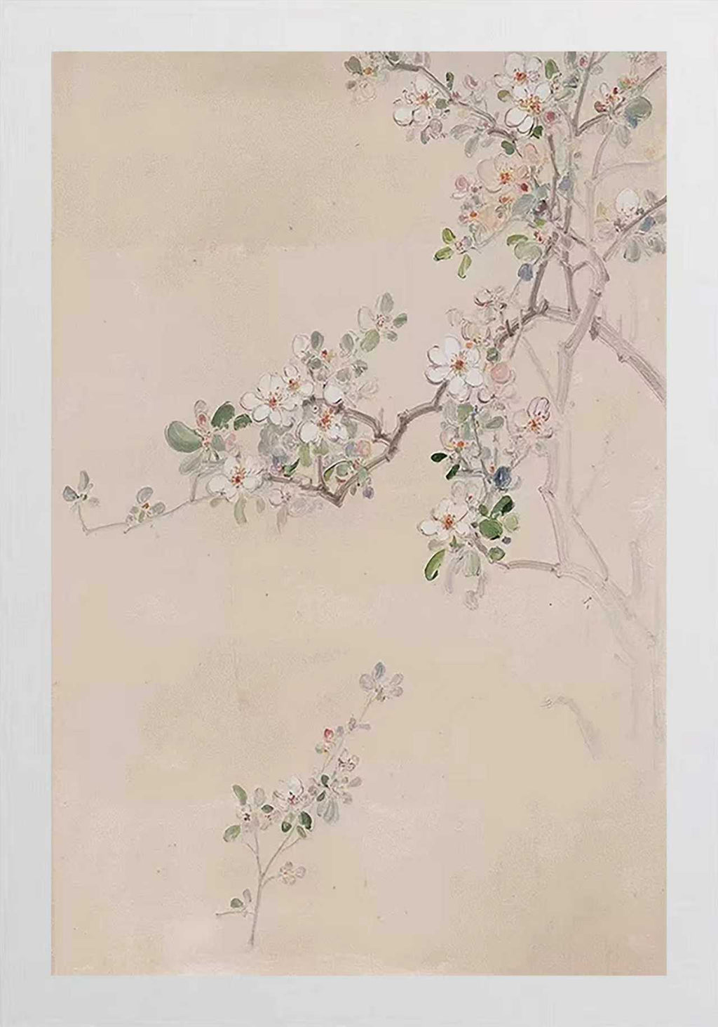 Fine sprigs of pale blossoms on a linen-beige panel