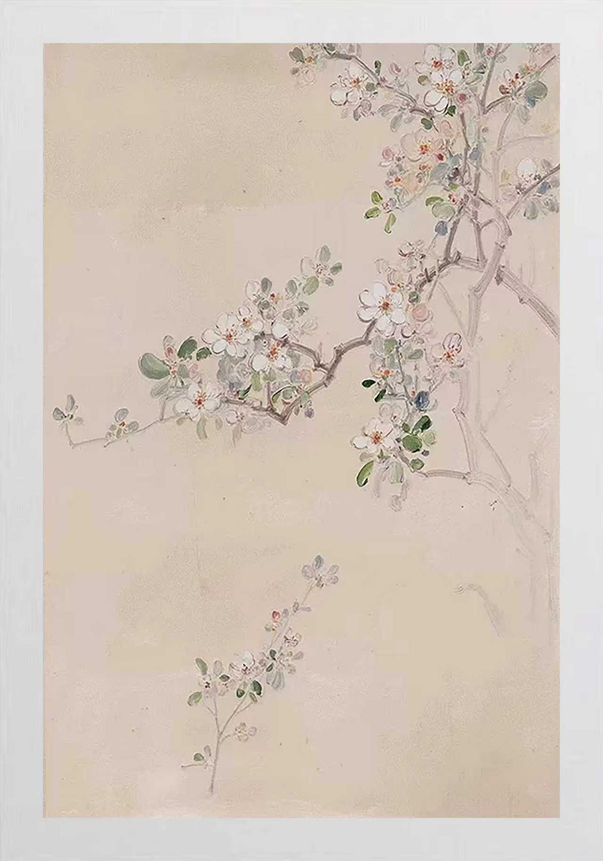 Fine sprigs of pale blossoms on a linen-beige panel
