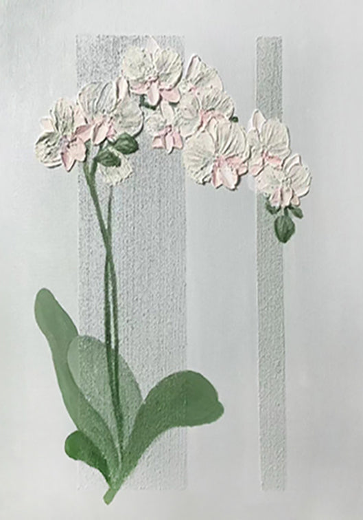 A white and blush orchid sculpted in relief beside soft grey panels on a pale ground