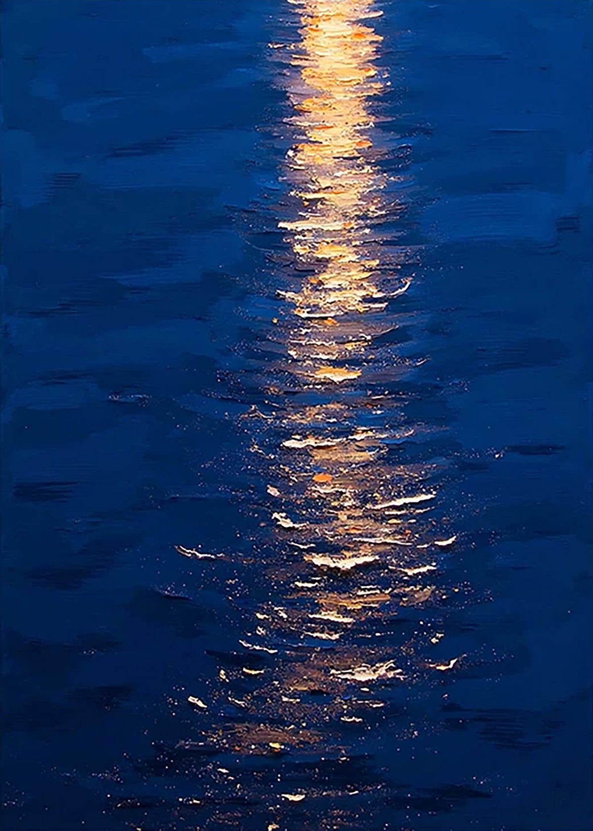 A gold moonlit path breaking across deep navy water
