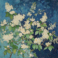 Clusters of white blossoms and green leaves on swirling navy