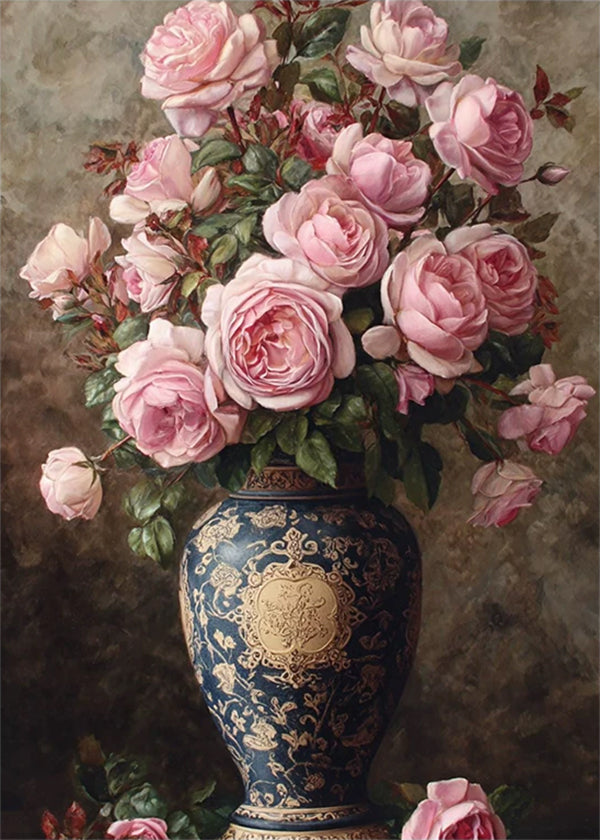 A lavish bouquet of pink roses in an ornate cobalt and gold urn against a dark, aged ground