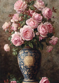 A lavish bouquet of pink roses in an ornate cobalt and gold urn against a dark, aged ground