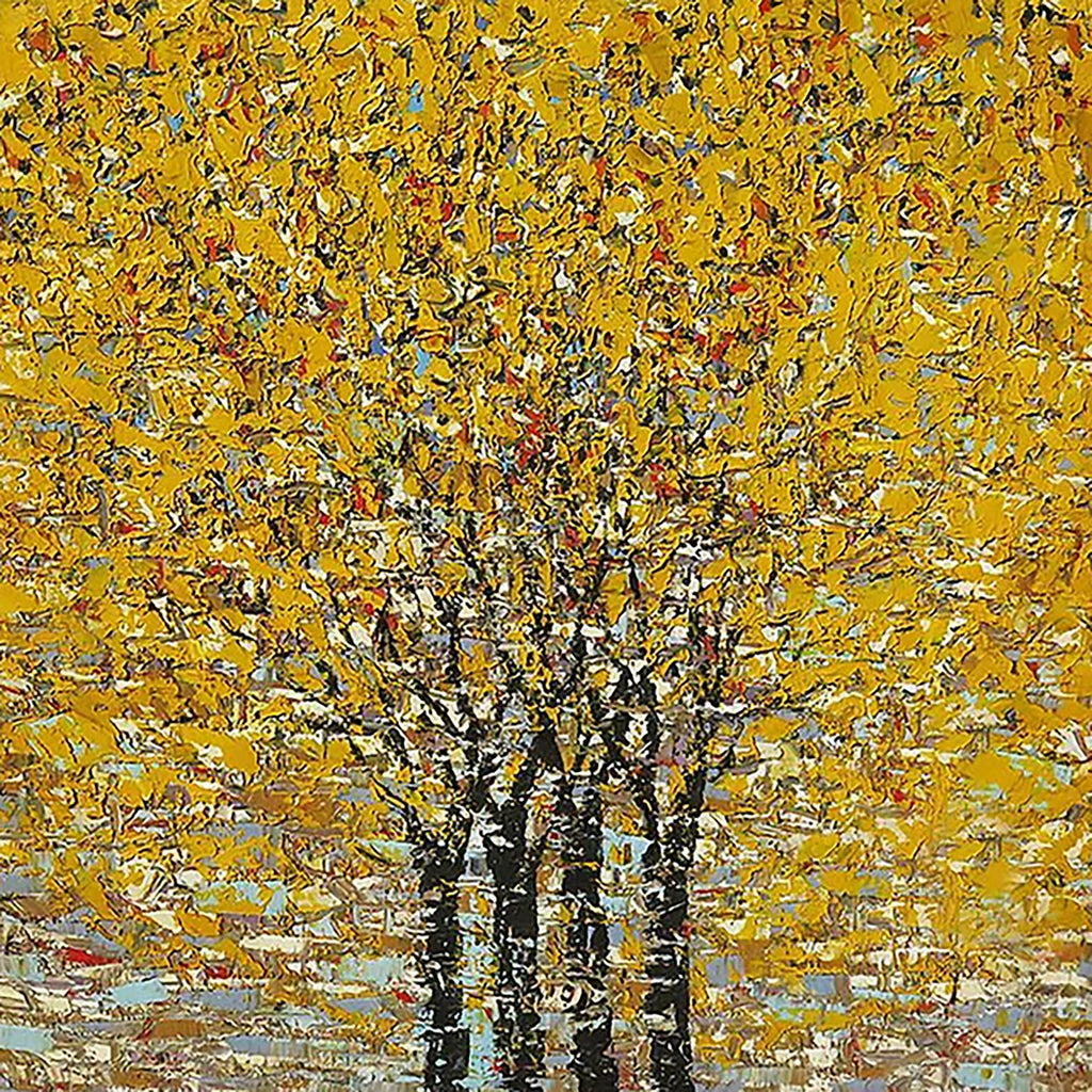 Dark trunks under a blaze of golden, palette-knife foliage