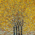 Dark trunks under a blaze of golden, palette-knife foliage