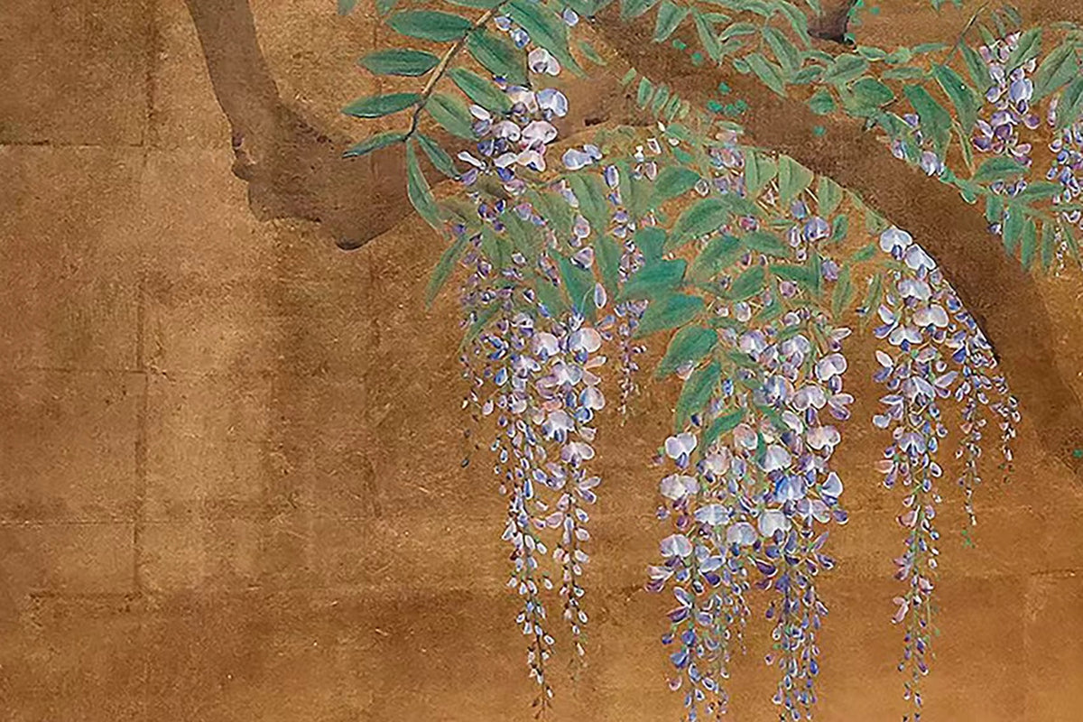 Lilac wisteria hanging from a dark branch over a burnished gold ground