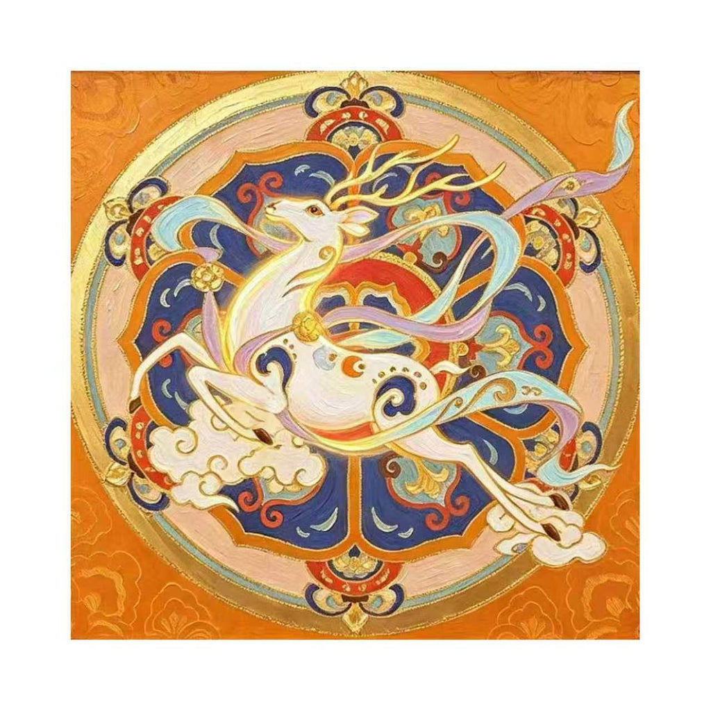 A white celestial deer with flowing ribbons leaping through an ornate blue, red and gold medallion on orange