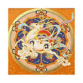 A white celestial deer with flowing ribbons leaping through an ornate blue, red and gold medallion on orange