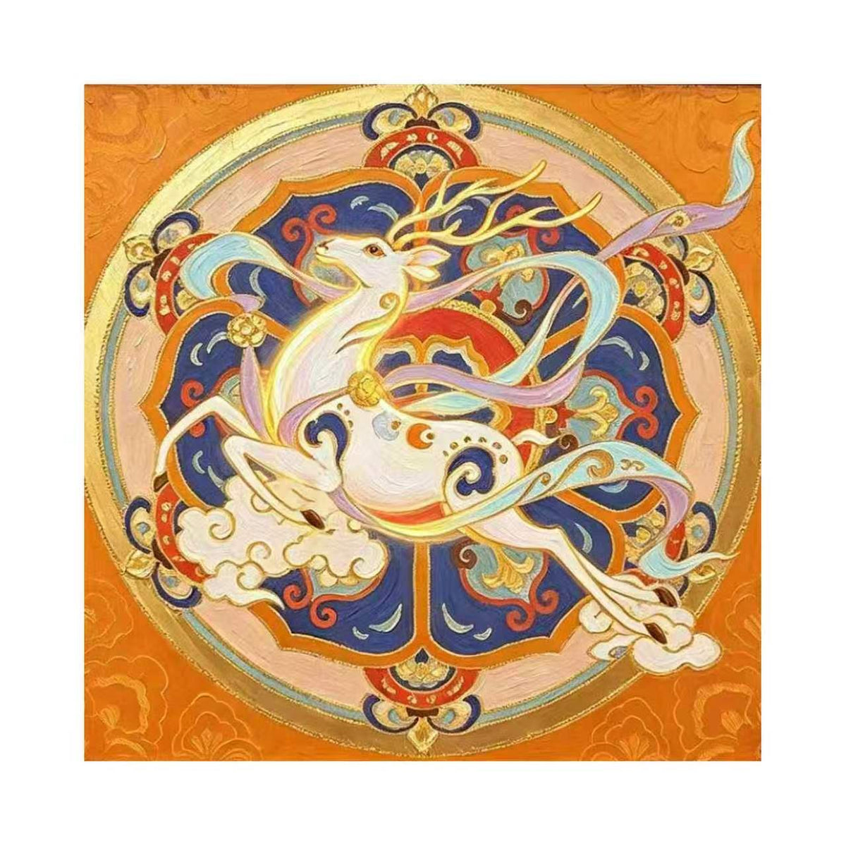 A white celestial deer with flowing ribbons leaping through an ornate blue, red and gold medallion on orange