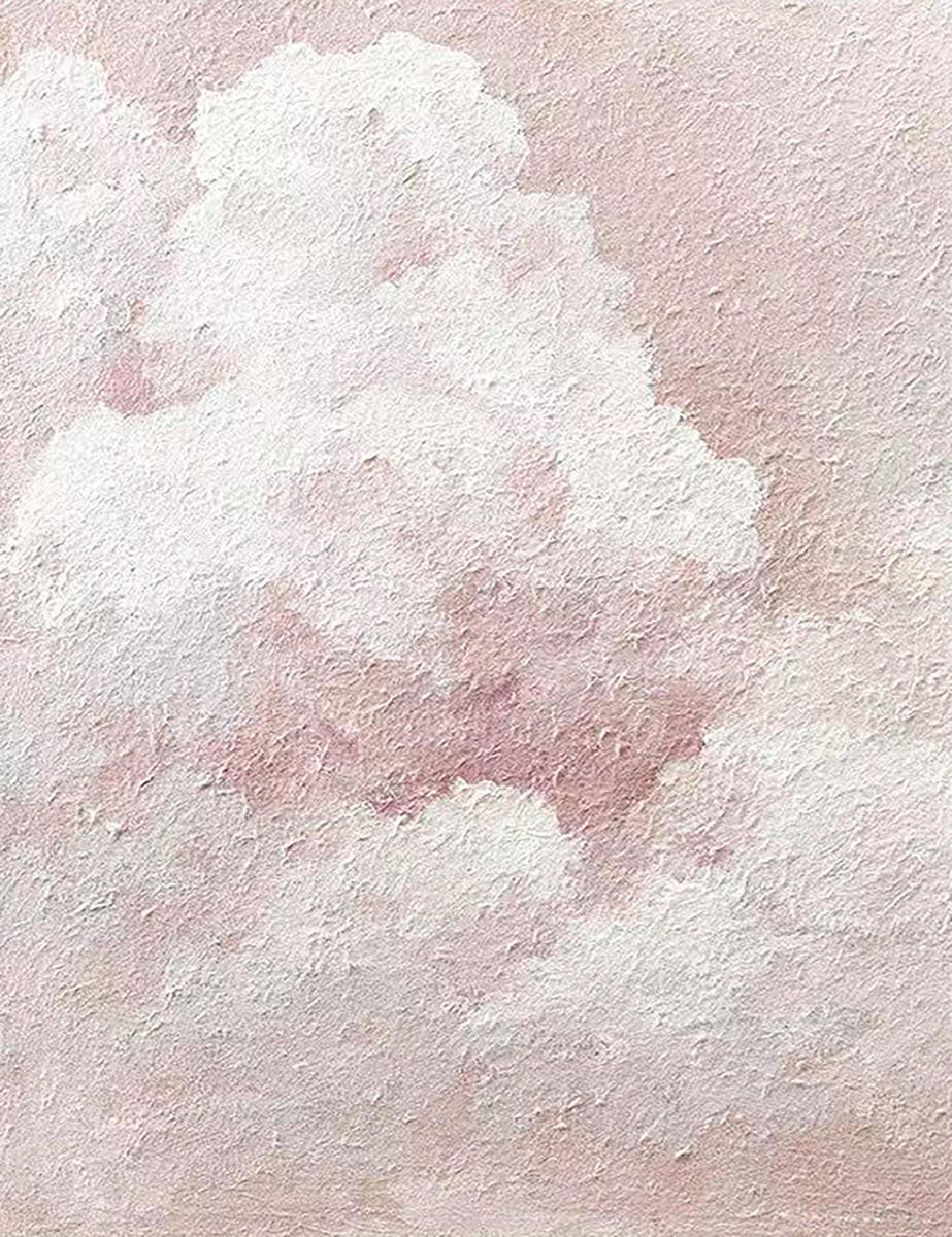 A billowing white cloud melting into a soft rose-pink sky, in thick textured paint