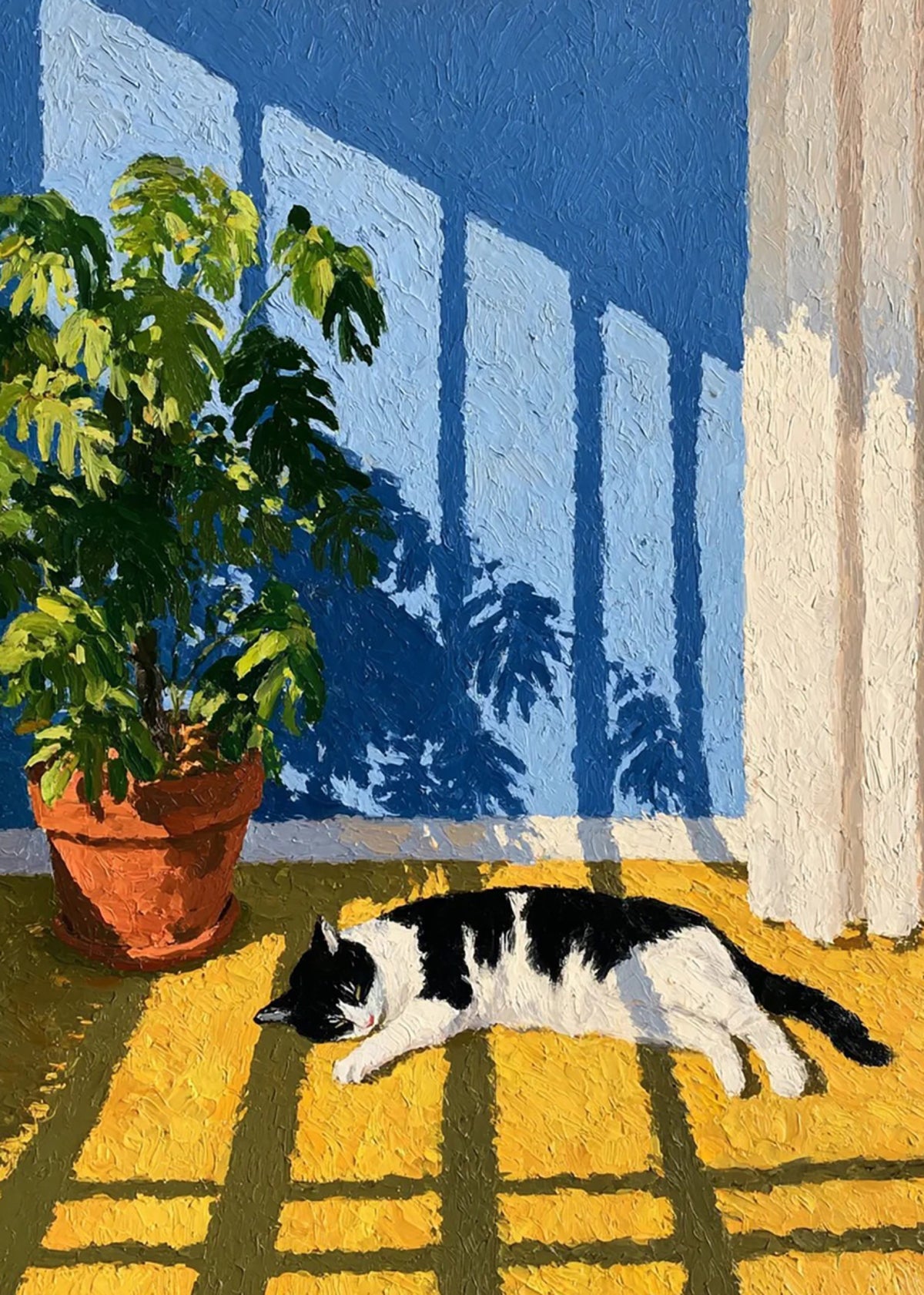 A black-and-white cat sprawled in a patch of yellow sunlight beside a potted monstera and blue wall