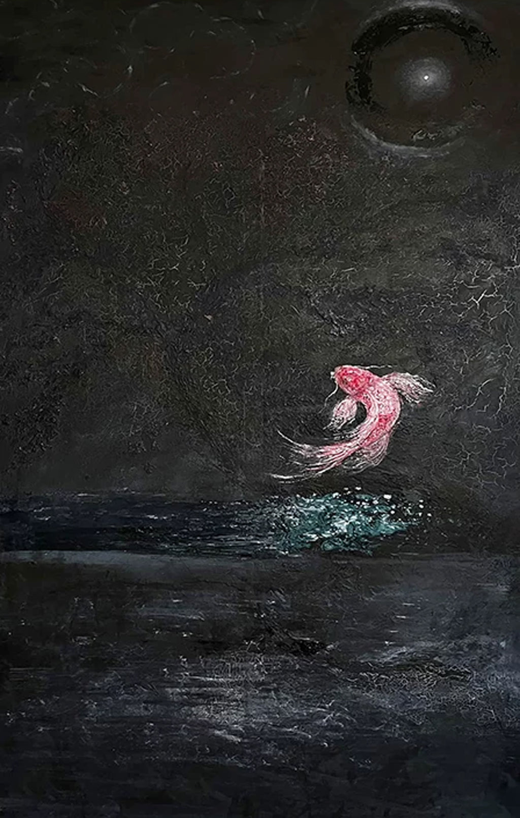 A single pink fish leaping from dark water beneath a black moon on a charcoal ground