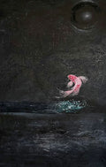 A single pink fish leaping from dark water beneath a black moon on a charcoal ground