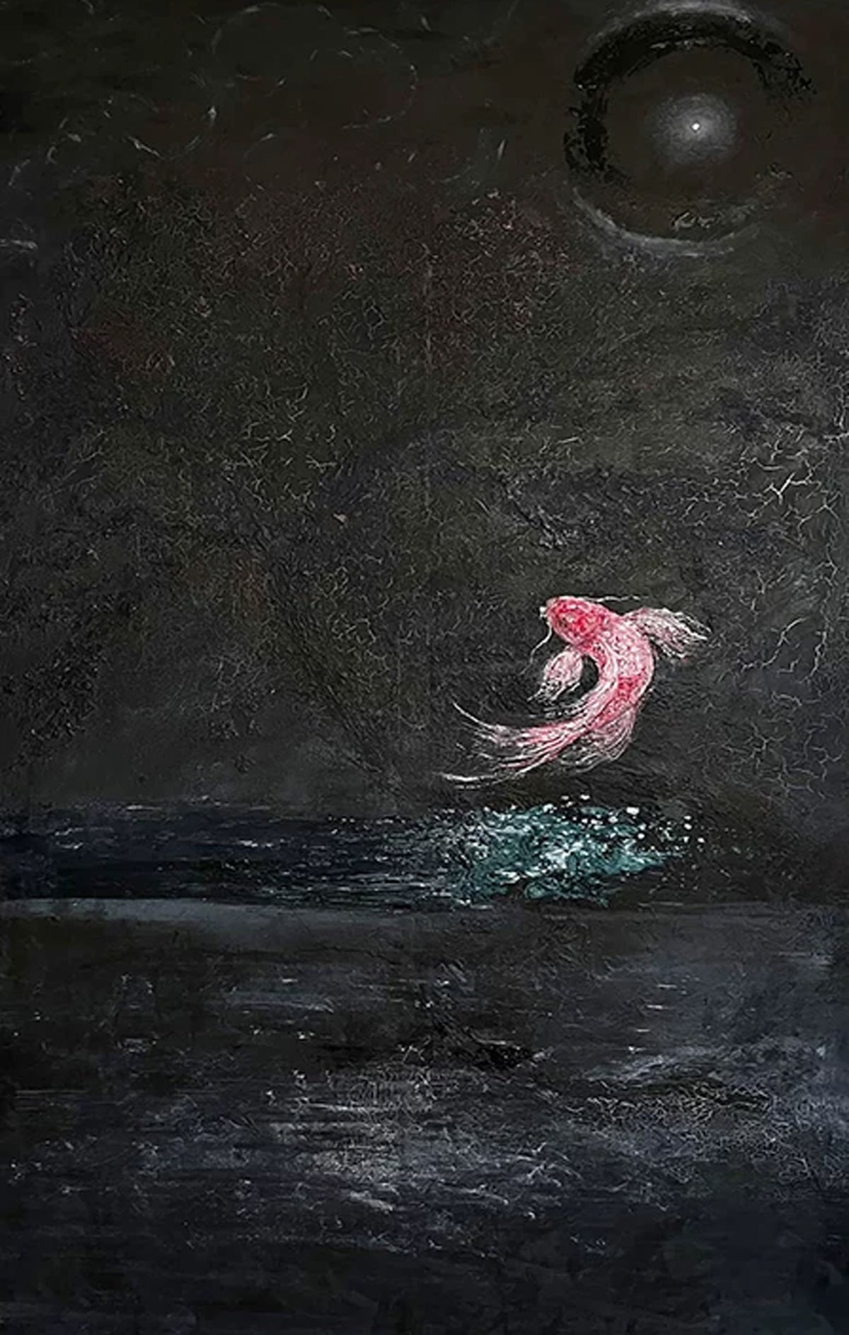 A single pink fish leaping from dark water beneath a black moon on a charcoal ground