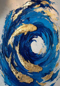 Golden koi circling inside a swirling vortex of deep blue paint