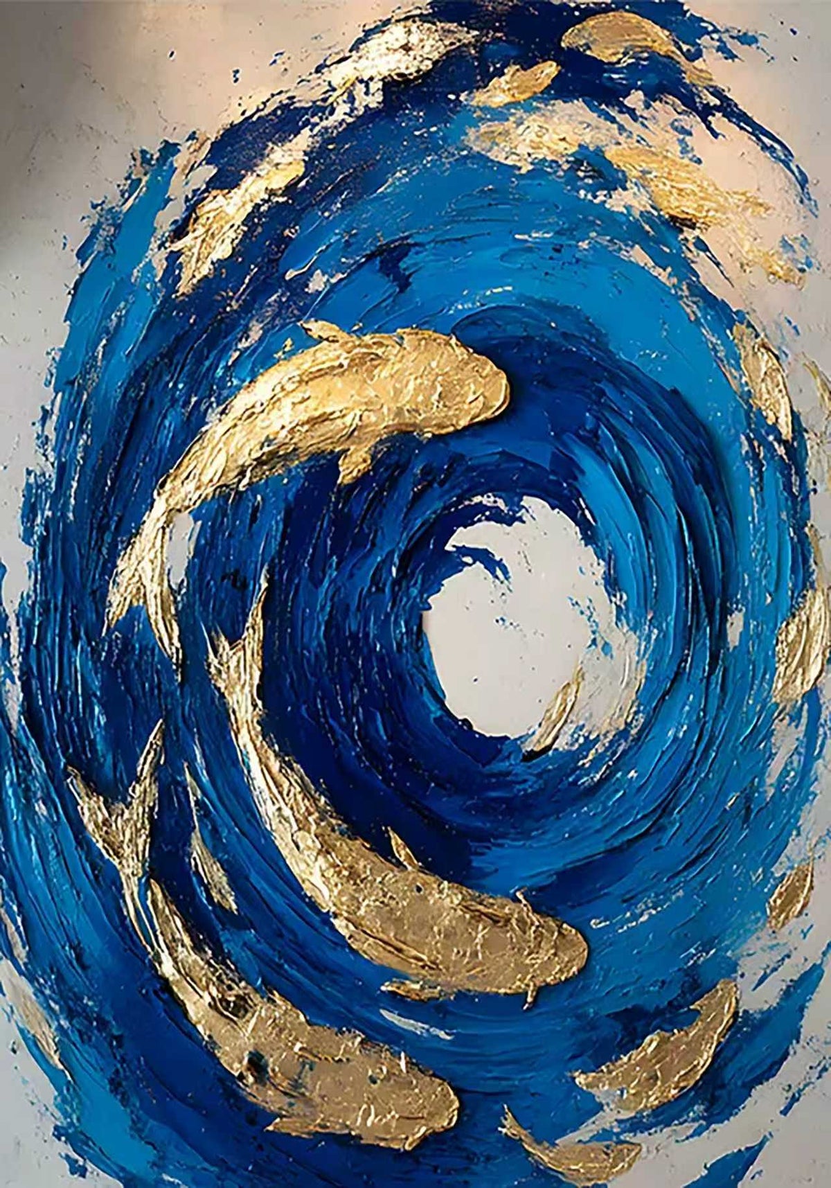 Golden koi circling inside a swirling vortex of deep blue paint
