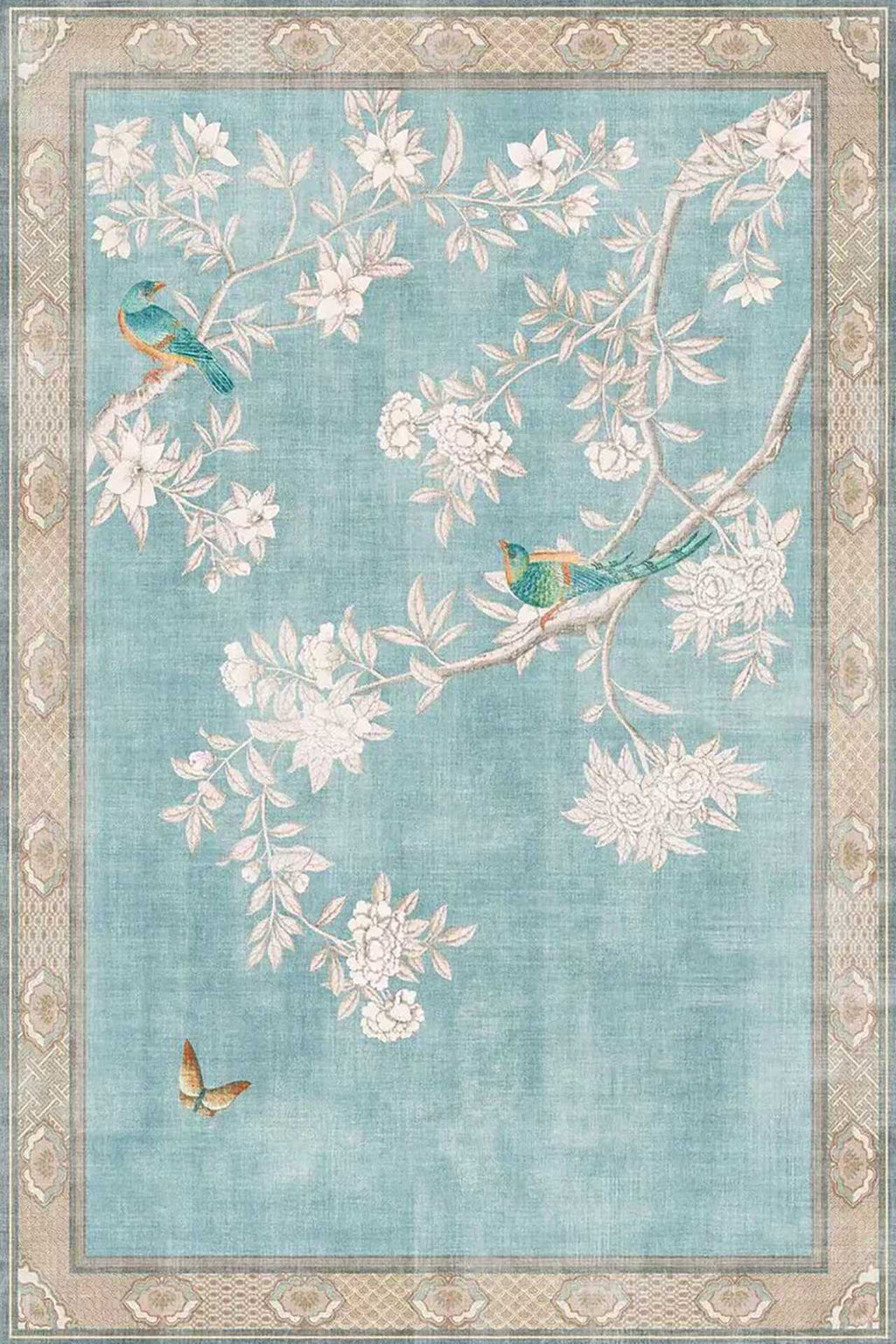 White blossoms and small birds on a pale blue panel with a soft border