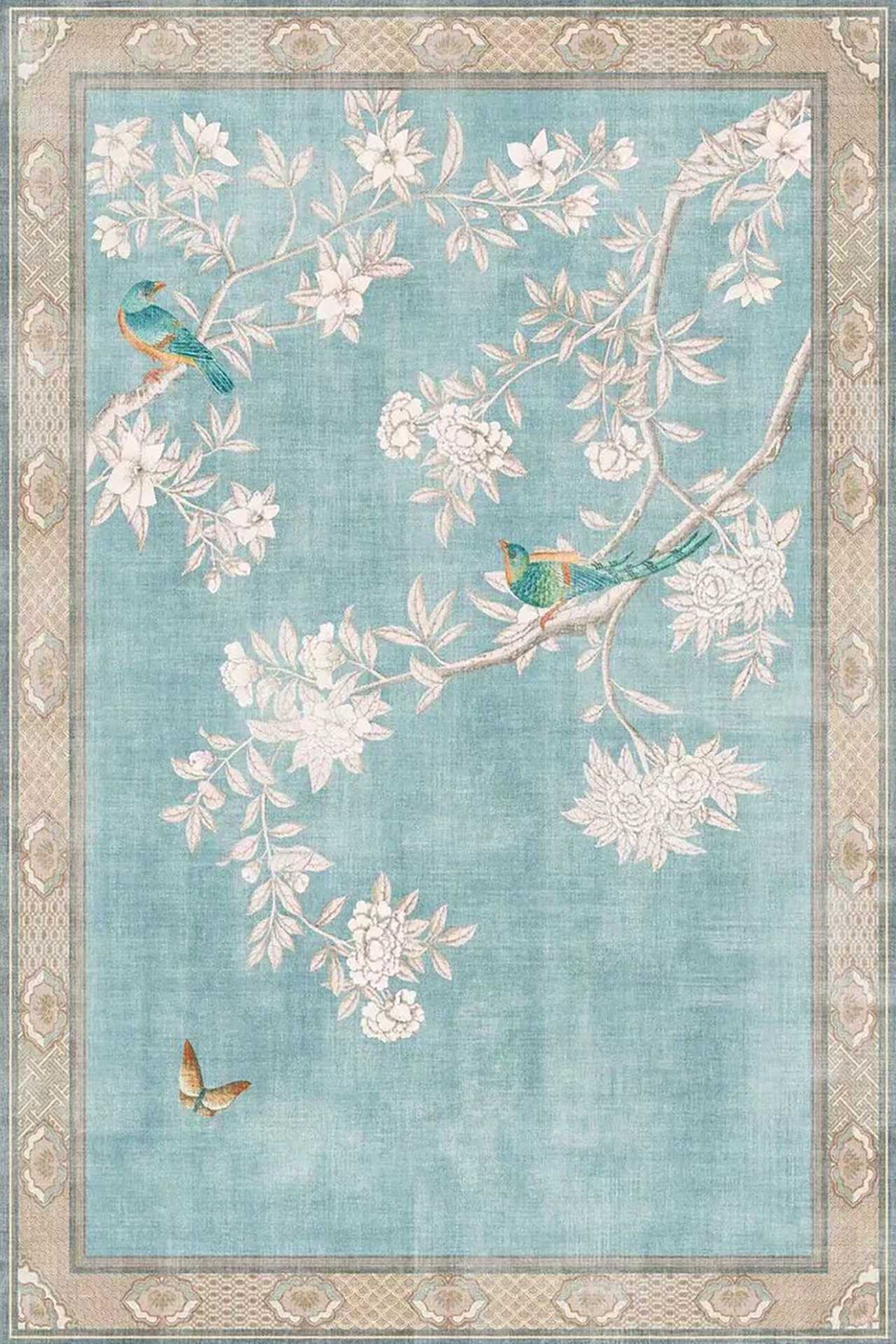 White blossoms and small birds on a pale blue panel with a soft border