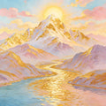 A shining gold river winding through pastel pink and lilac mountains toward a glowing sun