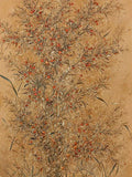 A fine thicket of branches dotted with red berries on parchment
