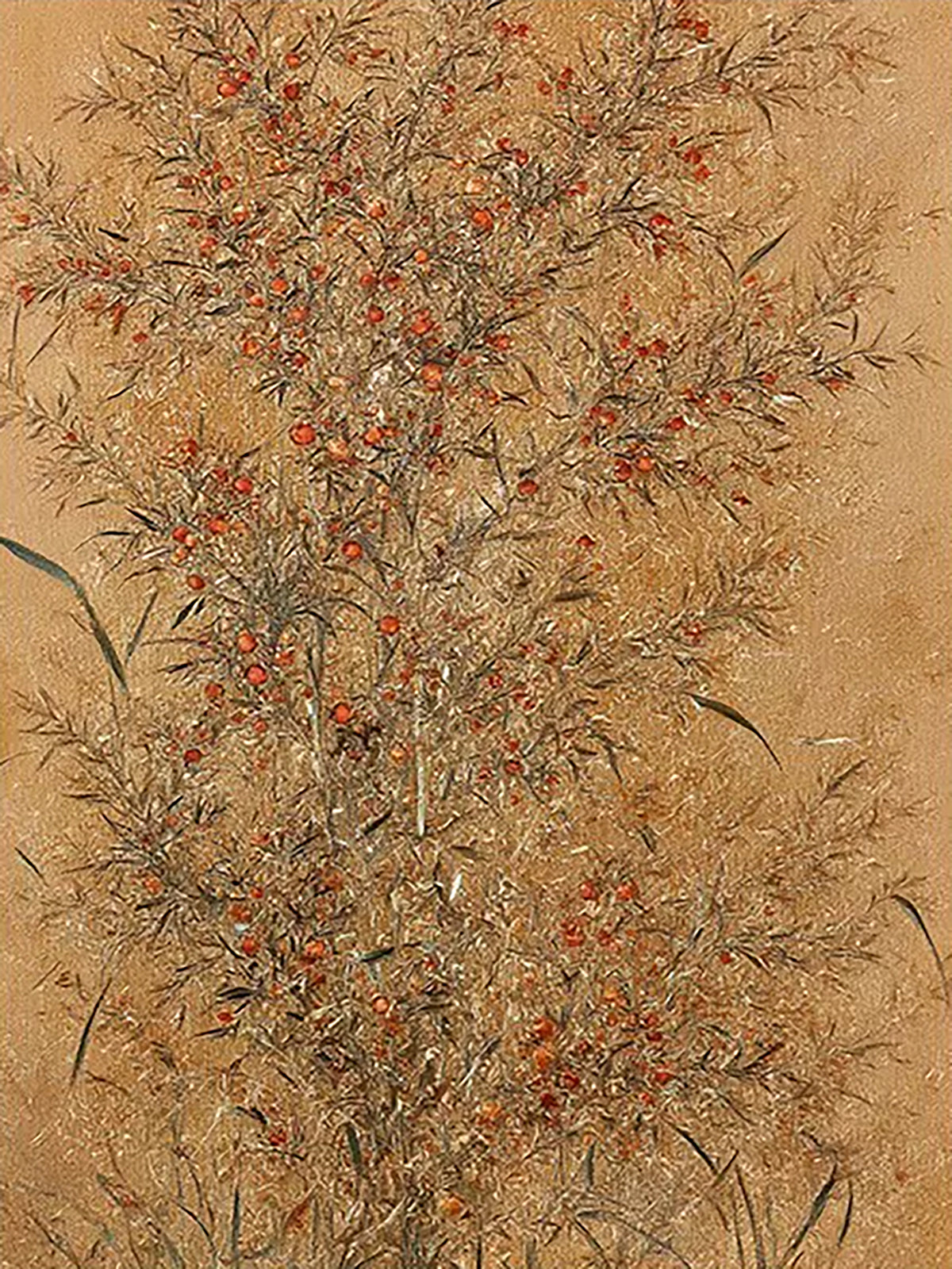 A fine thicket of branches dotted with red berries on parchment